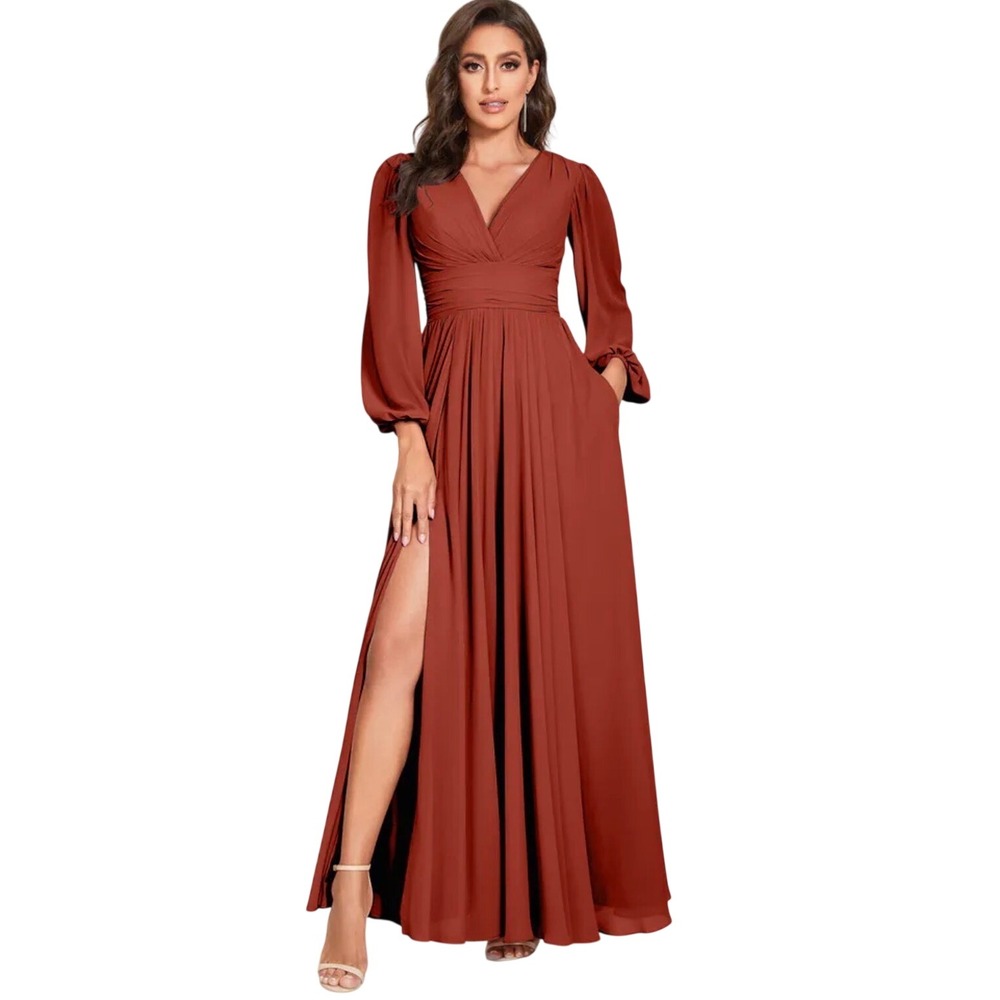Lavetir Maxi Dress Womens 8 Rust Red Formal V-Neck Long Sleeve Slit Wedding